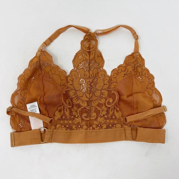 We Are HAH Medium M Brown Sugar Orange Lace Racerback Bra Bralette Deep V Neck - Picture 2 of 11